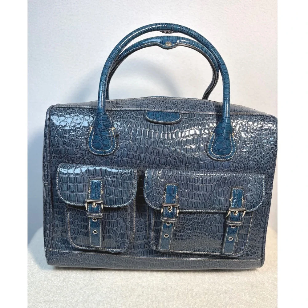 Rolling Laptop Bag Women Large Blue Excellent Faux Croc Embossed Travel Set